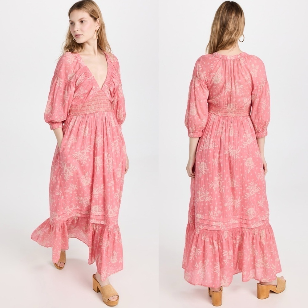 Free People Womens Pink Floral Ruffle  Cottagecore Smocked V Neck Maxi Dress